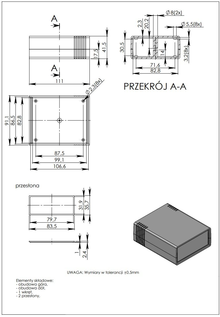 Plastmasas korpuss, 91x111x43mm, ABS, melnā krasa