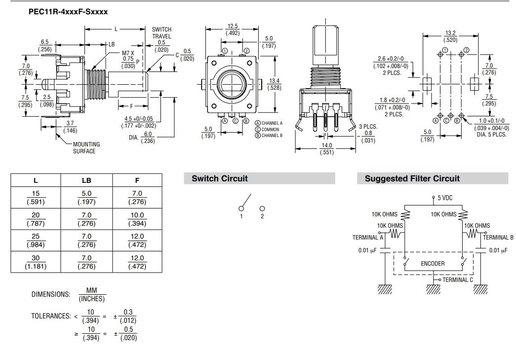 Enkoders, 24imp/revol., 12.5x13.4mm, L=20mm, metāla rokturis D=6mm, D-profils, vertīkals, ar spiedpogu