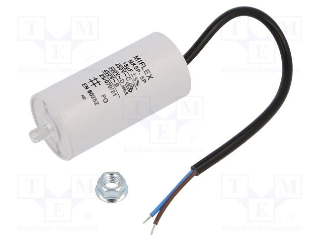 18.0/450VAC+cable elektromotoru kondensators, ±10%, Ø40x83mm, M8, 10000h
