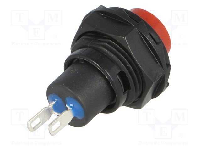 Poga SPST-NO, OFF-(ON), 1.5A/250VAC, M12, Ø16x30mm, sarkanā/melnā krasa, plastmasas, lodejama, bez fiksacijas