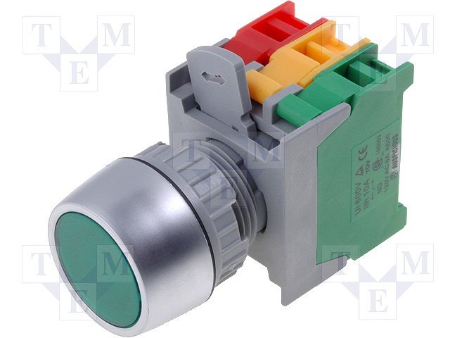 Paneļu slēdzejs, 22mm, 2 poz., ON-(OFF), zaļa, IP65, 3A/230VAC, ar apgaism., divi kontakti uz sasl/atslēg.