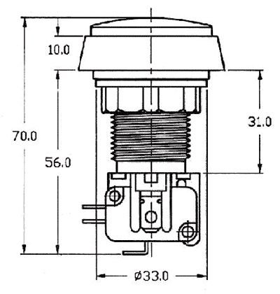 Poga SPDT, ON-(ON), 10A/250VAC, Ø44x70mm, sarkanā krasa, plastmasas, spailes 4.8x0.5mm, LED12V, viens kontakts uz pārslēgšanu, bez fiksacijas