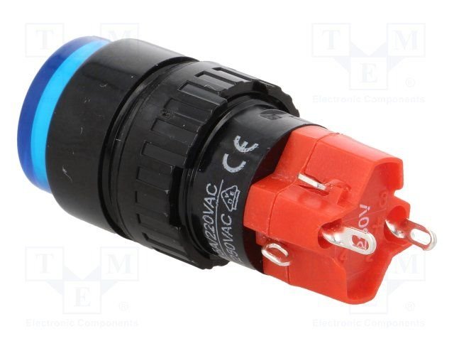 Poga SPDT, ON-ON, 3A/250VAC, 2A/24VDC, IP40, M16, ar apg. LED230ВAC/DC, lodējamie kontakti, zilā krasa, ar fiksaciju