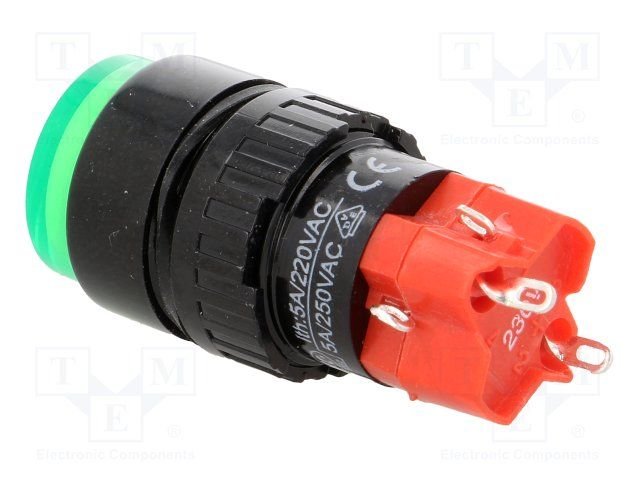 Poga SPDT, ON-ON, 3A/250VAC, 2A/24VDC, IP40, M16, ar apg. LED230ВAC/DC, lodējamie kontakti, zaļā krasa, ar fiksaciju