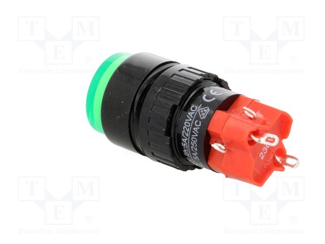 Poga SPDT, ON-ON, 3A/250VAC, 2A/24VDC, IP40, M16, ar apg. LED230ВAC/DC, lodējamie kontakti, zaļā krasa, ar fiksaciju