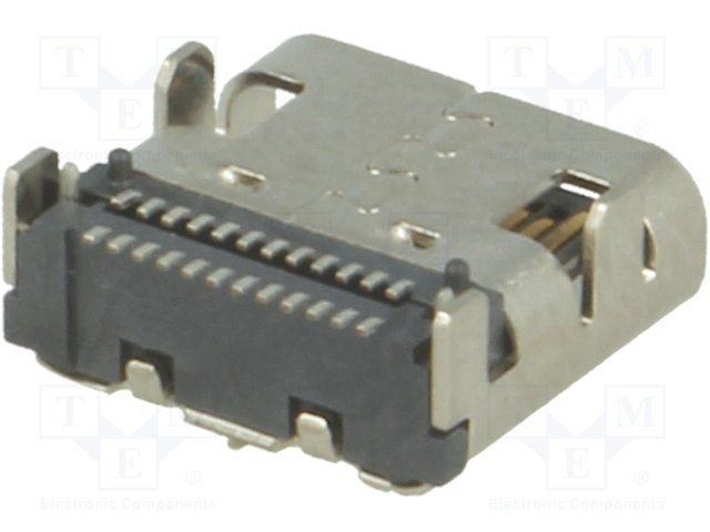 USB-C (type C), 3.1, ligzda uz šasija, SMT, no virsas platei, 4 piestiprinājuma punkti, 24pin