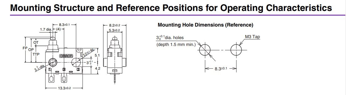 Mikropārslēdzējs bez sviras, SPST-NO, OFF-(ON), 0.1A/30VDC, IP67, 13.3x5.3x9.3mm, vadam, OMRON