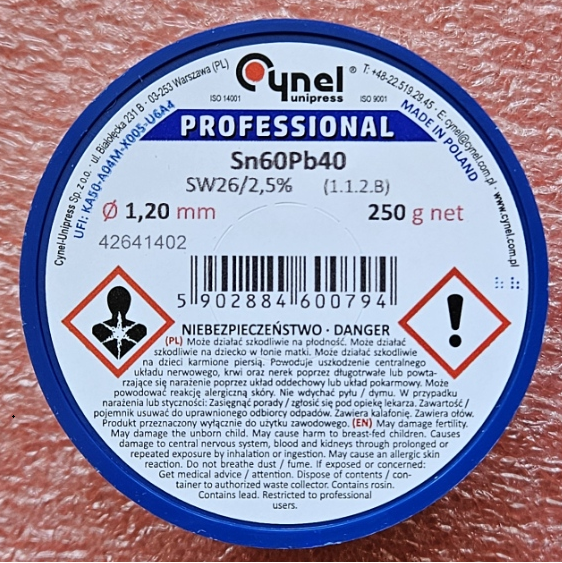 1.2mm 60Sn/40Pb, 250g, Lodalva ar flusu F-SW26, No Clean, 2.5%, 190°C