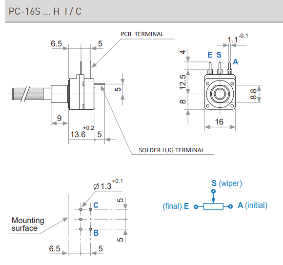 25K mono, ar sledzi, 16x16x14mm, 200mW, ±20%, 6mm, L=40mm, potenciometrs ar lineare atkarību