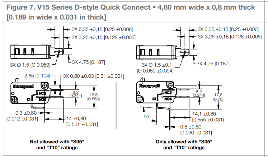 Mikropārslēdzējs bez sviras, SPDT, ON-(ON), 16A/250VAC, IP40, 2.94N, 33x10,3x15,9mm, 4.8x0.5mm, viens kontakts uz parslēgšanu, HONEYWELL