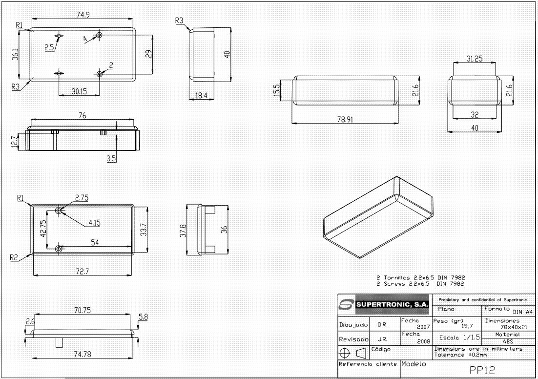Plastmasas korpuss, 40x78.5x21mm, ABS, melnā krasa