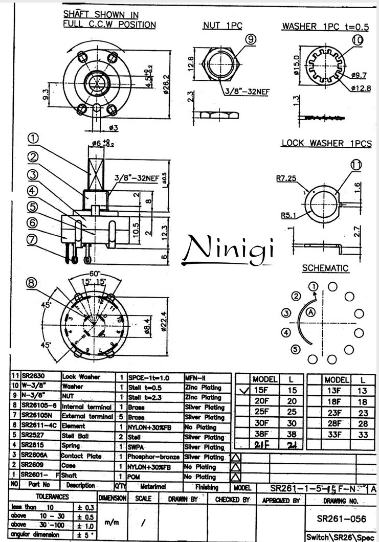 Galetes parslēdzejs 1=>5 kontakts, 0.3A/125VDC, BBM (non-shorting), 6mm, Lass=15mm