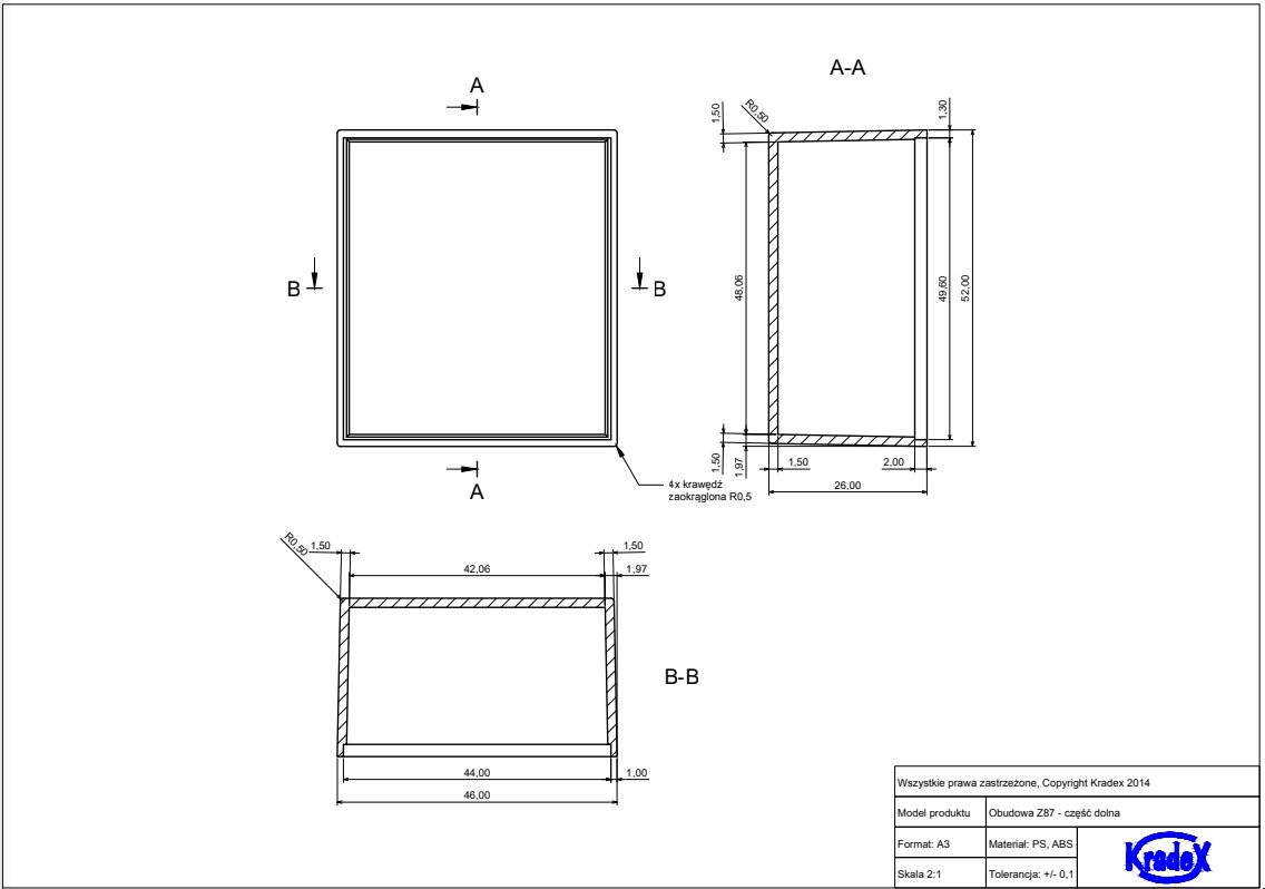 Plastmasas korpuss, 46x52x26mm, ABS,  melnā krasa
