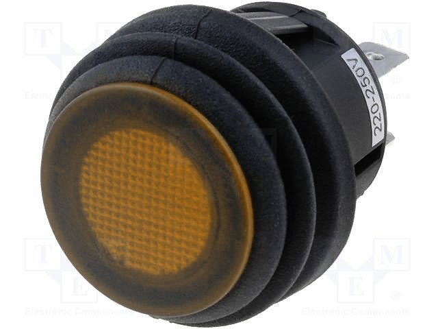 Taustiņslēdzis SPST, ON-OFF, 10A/250VAC, D=23mm, IP65, apgaism. neona lamp., dzeltena krasa, apaļa, ģermetiska,  ar fiksāciju