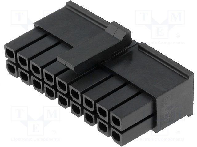 18pin(2x9), MicroFit, korpuss "papa" uz vadam, bez kontaktiem, solis=3x3mm, 5A