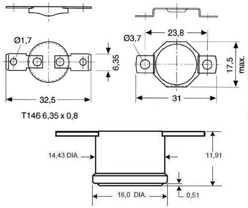 BT-F-100/H Termostats, 80C/100C, ±3°C, NO, 250V/10A, Ø16x12mm