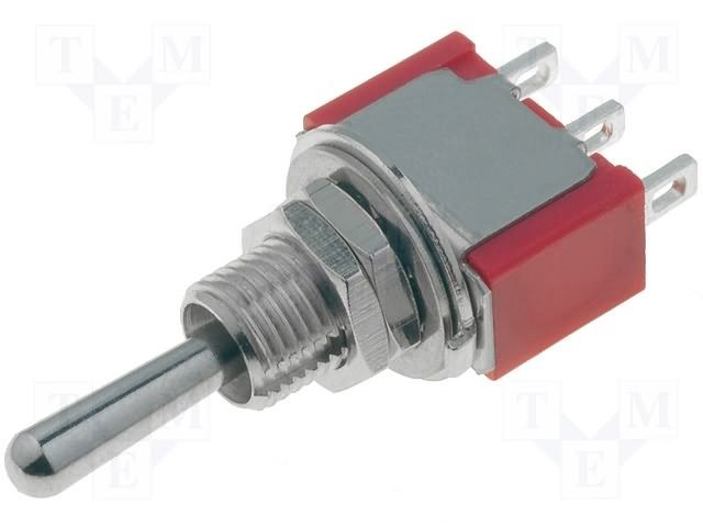 Tumblers, SP3T, ON-OFF-(ON), 2A/250VAC, 5A/28V, lodēšanai, M6, 12.7x6.86x8mm, viens kontakts uz trīm stavoklim, ar(bez) fiksaciju, apaļš rokturis