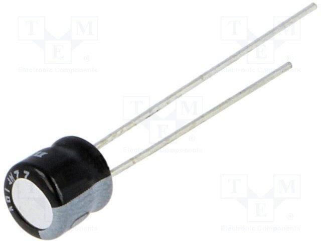 3.3/50V, 105°C, Ø4x5mm, ±20%, Kondensatori Mini, 1000h, NICHICON, ar lokanien izvadiem