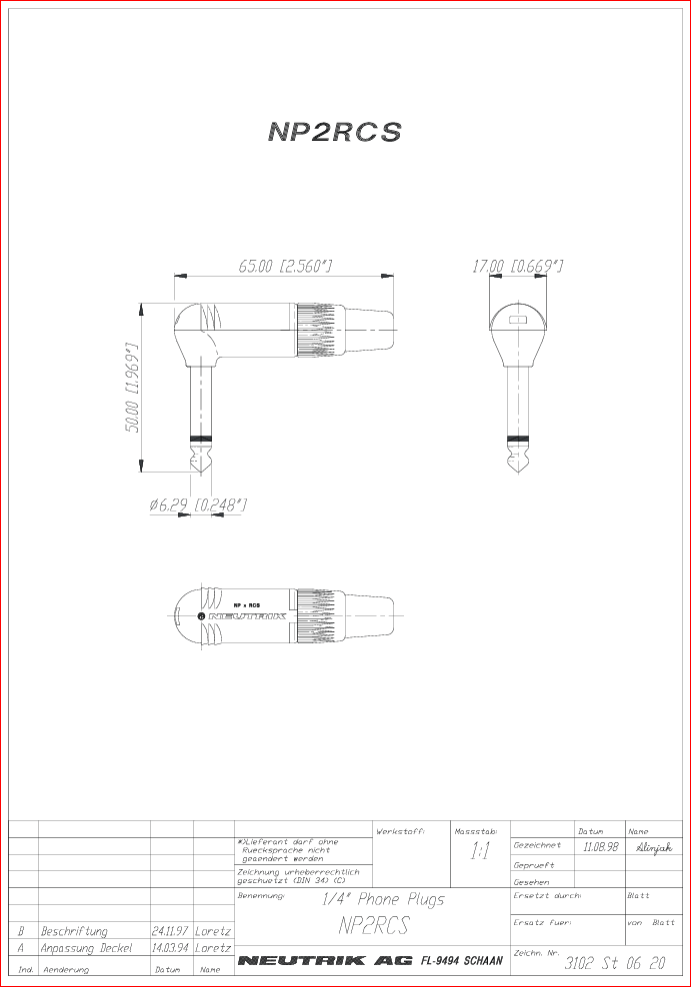 6.35mm štekers, mono, metālisks, uz vadu, ar amortizatoru, sudrabots, leņķisks, 4...7mm, NEUTRIK