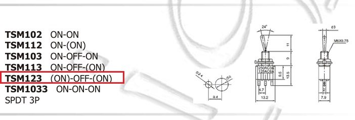 Tumblers, SP3T, (ON)-OFF-(ON), 3A/250VAC, lodēšanai, Ø6mm, 13.2x7.9x9.5mm, viens kontakts uz trīm stav., bez fiksacijas, plakans rokt., collas vītne