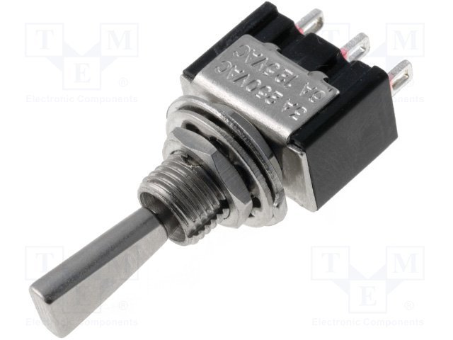 Tumblers, SP3T, (ON)-OFF-(ON), 3A/250VAC, lodēšanai, Ø6mm, 13.2x7.9x9.5mm, viens kontakts uz trīm stav., bez fiksacijas, plakans rokt., collas vītne