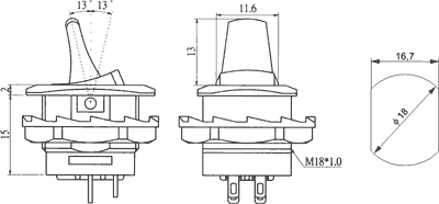 Tumblers, DPDT, ON-ON, 6A/250VAC, lodēšanai, M18, poliamids, CSI, ar fiksaciju, plakans rokturis