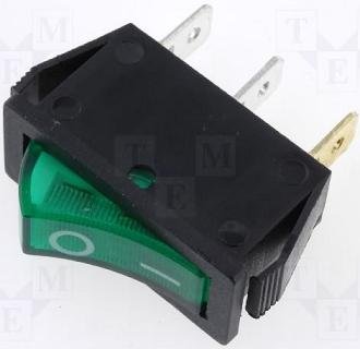 Taustiņslēdzis SPST, ON-OFF, 15A/250VAC, 14x32mm, apgaism. neona lamp., (--O), zaļā krasa, ar fiksāciju