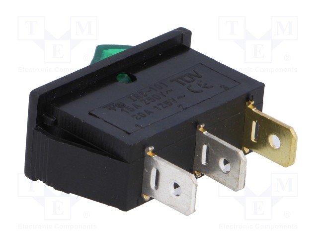 Taustiņslēdzis SPST, ON-OFF, 15A/250VAC, 14x32mm, apgaism. neona lamp., (--O), zaļā krasa, ar fiksāciju