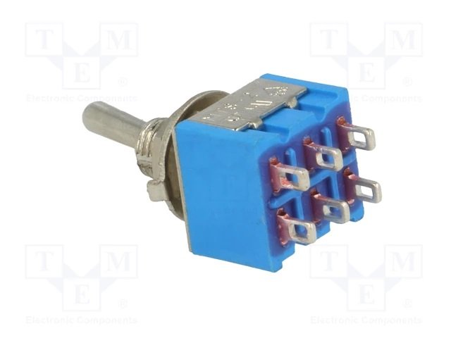 Tumblers, DPDT, ON-ON, 3A/250VAC, lodēšanai, M6, 13.2x7.9x9.5mm, divi kontakti uz divam stavoklim, ar fiksaciju, metriska vītne