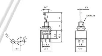 Tumblers, DPDT, ON-ON, 3A/250VAC, lodēšanai, M6, 13.2x7.9x9.5mm, divi kontakti uz divam stavoklim, ar fiksaciju, metriska vītne