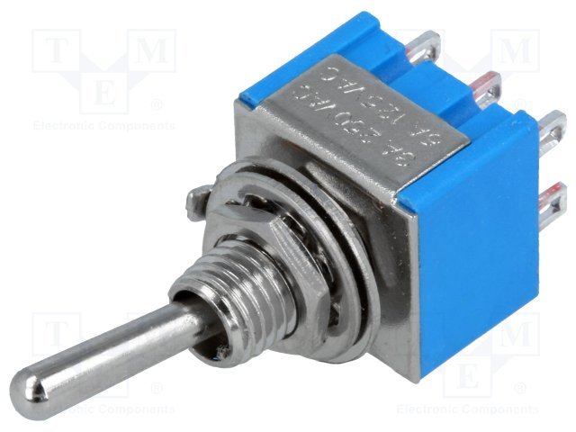 Tumblers, DPDT, ON-ON, 3A/250VAC, lodēšanai, M6, 13.2x7.9x9.5mm, divi kontakti uz divam stavoklim, ar fiksaciju, metriska vītne