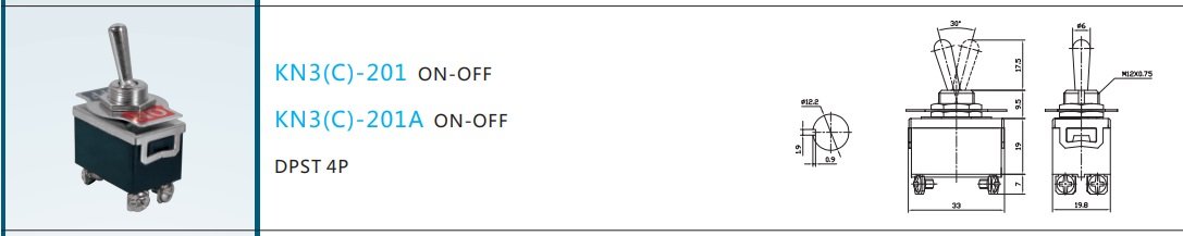 Tumblers, DPST-NO, OFF-ON, 10A/250VAC, skrūvejamas, M12, 32.2x19.8x19mm, ar fiksaciju