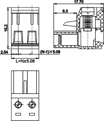 Terminal Blocks uz vadu, ligzda, 7pin, 5.08mm, 2.5mm2, 12A
