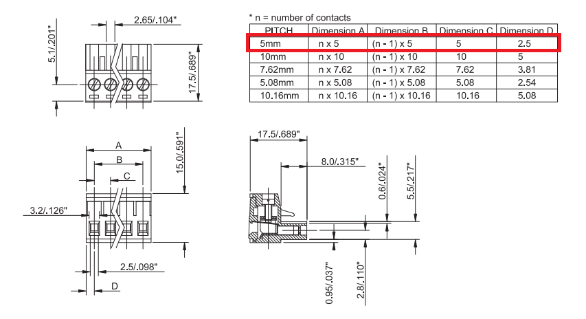 Terminal Blocks uz vadu, ligzda, 2pin, 5.08mm, 2.5mm2, 12A