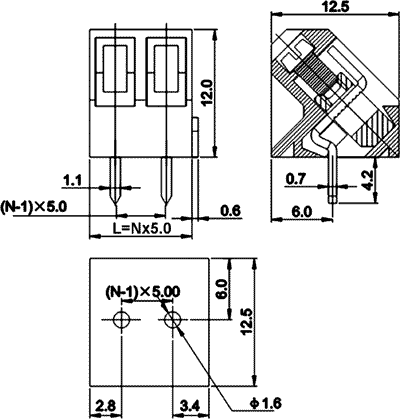Terminal Blocks PCB, ar skrūvēm, 2pin, 5mm, 2.5mm2, 250V/16A, 12.5x12.x10mm, leņķisks, 45°