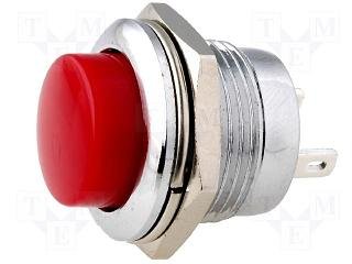 Poga SPST-NO, OFF-(ON), 3A/250VAC, Ø19x23mm, M16x1, metal/sarkana krasa, bez fiksacijas