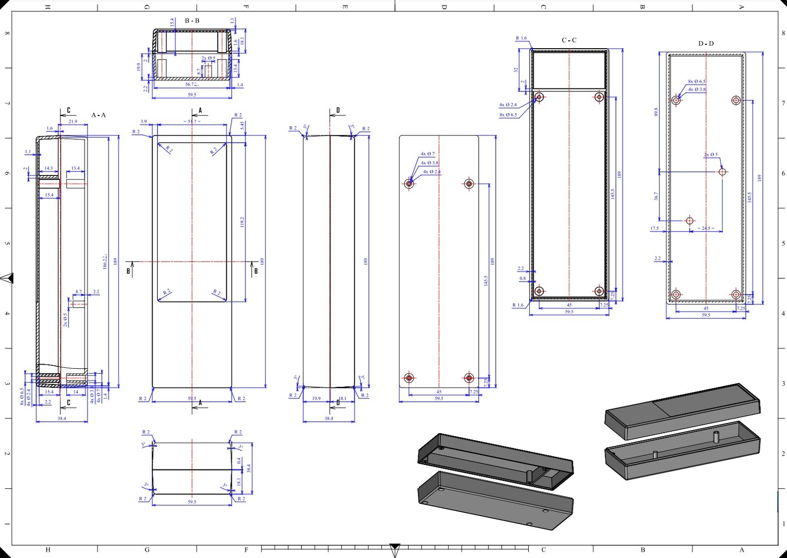 Plastmasas korpuss, 38x59x185mm, ABS, melnā krasa