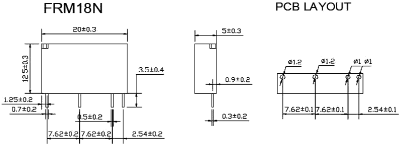 Relejs DC18V, SPST-NO, 5A/250VAC, 5A/30VDC, 2.7kΩ(6.6mA), viens kontakts uz saslēgšanu, 20x12.5x5mm, FORWARD INDUSTRIAL CO.
