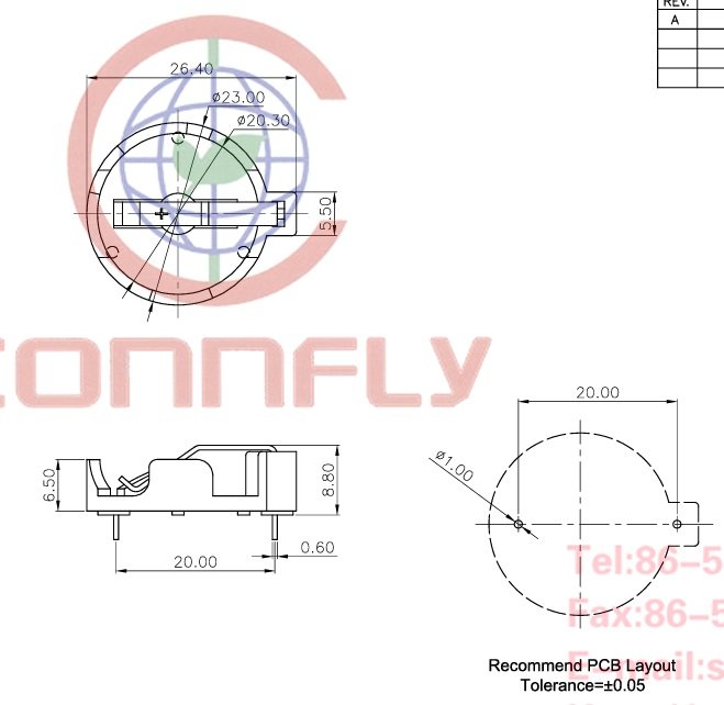 Bateriju turētājs CR2032, 2016, 2020, 2025, THT, plastmasas, horizontals, melna, THT, 1 vai 2 baterija
