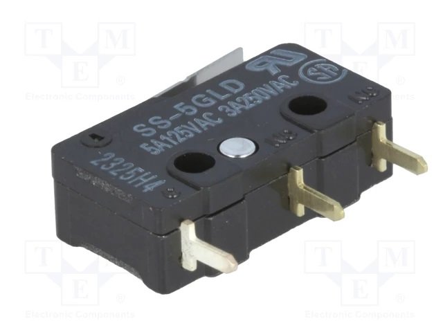 Mikropārslēdzējs ar sviru L=14.5mm, SPDT, ON-(ON), 3A/250VAC, 5A/125VAC, THT, IP40, 19.8x6.4x10.2mm, viens kontakts