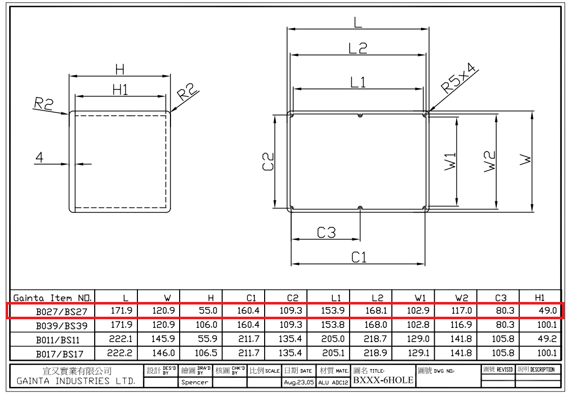 Alumīnja korpuss 171x121x55mm, IP66