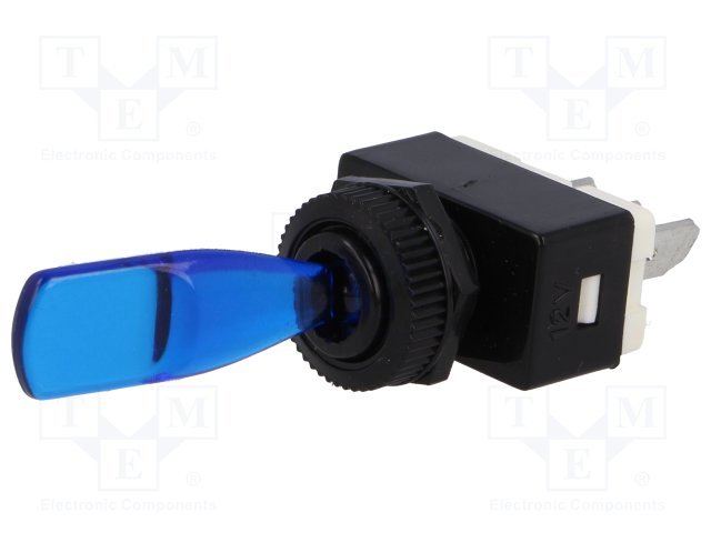 Tumblers, SPST-NO, OFF-ON, 6A/12VDC, lodēšanai, 6.3x0.8mm, M12, 13.7x25.5x12.2mm, poliamids, CSI, ar fiksaciju, ar zilu apgaismošanu 12V
