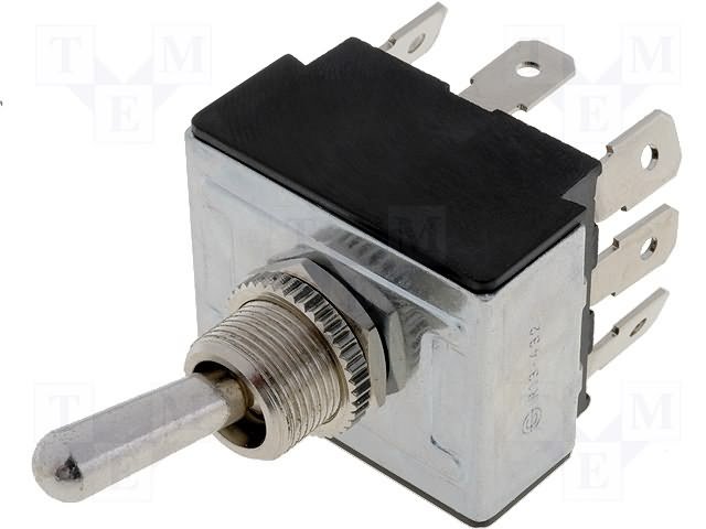 Tumblers, 3P3T, ON-OFF-ON, 10A/250VAC, lodēšanai, 6.3x0.8mm, M12, 33.4x27.5x18.9mm, baķelits, SCI, ar fiksaciju