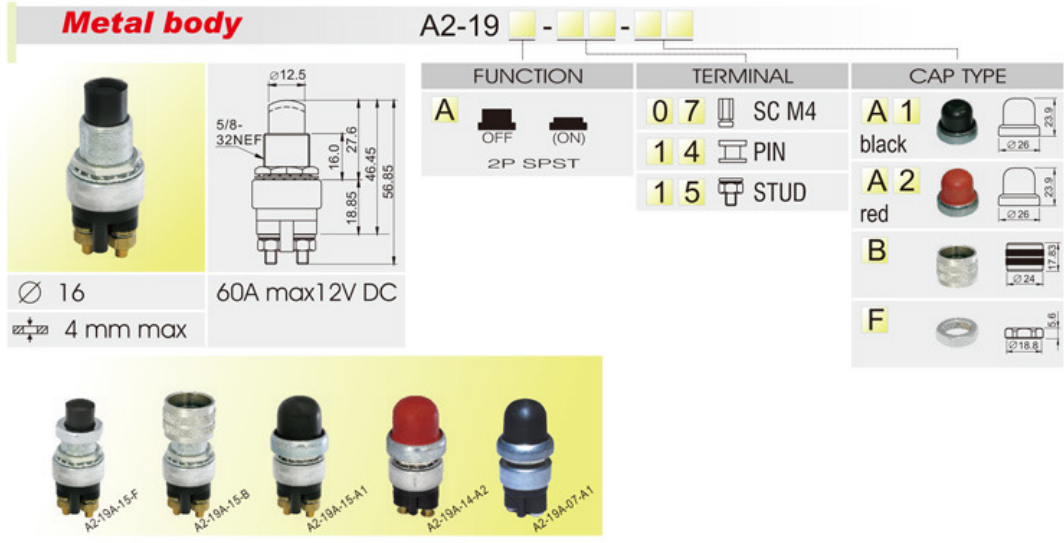 Poga SPST-NO, OFF-(ON), 60A/12VDC, M16, Ø16mm, 1 kontakts uz saslēgšanu, bez fiksacijas, melnā