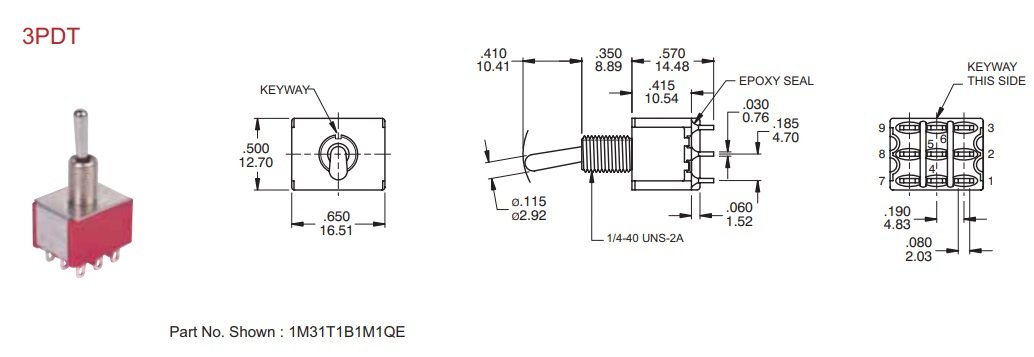 Tumblers, DP3T, (ON)-OFF-(ON), 2A/250VAC, 5A/28VDC, lodēšanai, M6, 12.7x11.43x8.89mm, bez fiksacijas