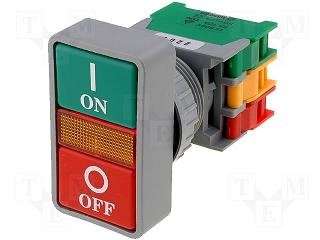 Paneļu slēdzejs, 30mm, 2 poz./2 kont./sarkans/zaļš ON-(OFF)/OFF-(ON), apgaismošana, IP65, 3A/230VAC