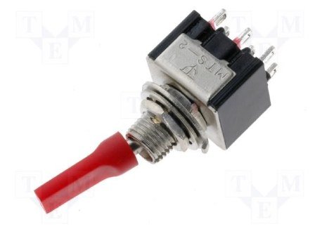 Tumblers, DPDT, ON-ON, 3A/250VAC, lodēšanai, M6, 13.2x12.9x9.5mm, divi kontakti uz divam stavoklim, ar fiksaciju, plakanais sarkans rokturis