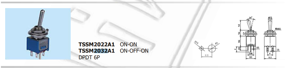 Tumblers, DP3T, ON-OFF-ON, 1A/250VAC, lodēšanai, M5, 8.3x9.2x8.6mm, ar fiksaciju