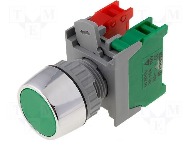 Paneļu slēdzejs, 22mm, 2 poz., ON-(OFF), zaļa, IP65, 3A/230VAC, divi kontakti uz sasl/atslēg.