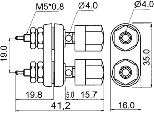 Testera 2*ligzda (melns+sarkans), 4mm, 10A/60VDC, šasijai